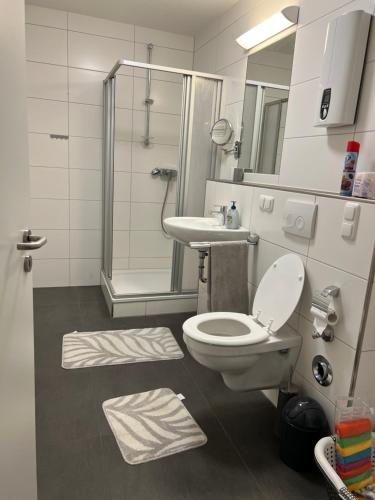 a bathroom with a toilet and a sink and a shower at Unterkunft NRW ID1 in Leverkusen
