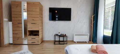 a bedroom with a bed and a television on a wall at Sumski san 5 in Divčibare