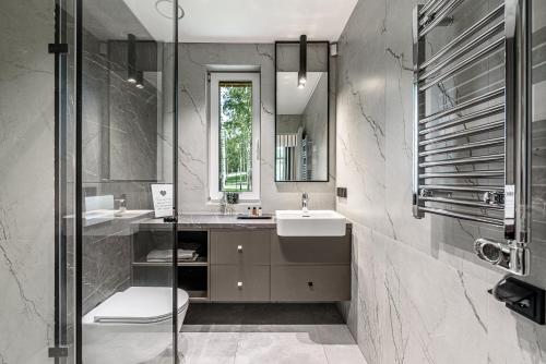ein Badezimmer mit einem Waschbecken, einem WC und einem Spiegel in der Unterkunft Miško Spa namas in Molėtai