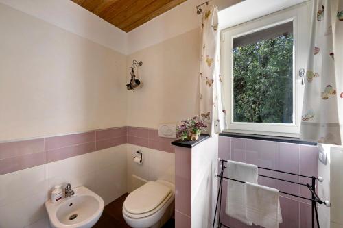 a bathroom with a toilet and a sink and a window at Il Mulino - Appartamento Terra in Borzonasca