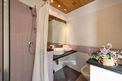 a bathroom with a shower and a sink at Il Mulino - Appartamento Terra in Borzonasca