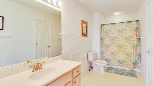a bathroom with a sink and a toilet and a shower at Oceanside, 5 BRs, Wild Horses, 600 ft to Beach Access, 4wheel Drive Area, 4x2398, The T House in Knotts Island