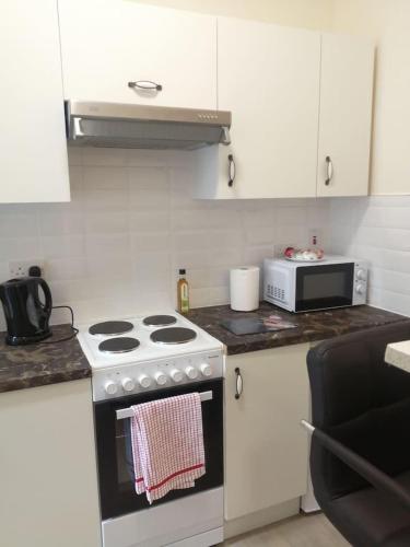 a kitchen with a stove and a microwave at 1Bed-ContactlessCheckIn-OutdoorSpace in Cork