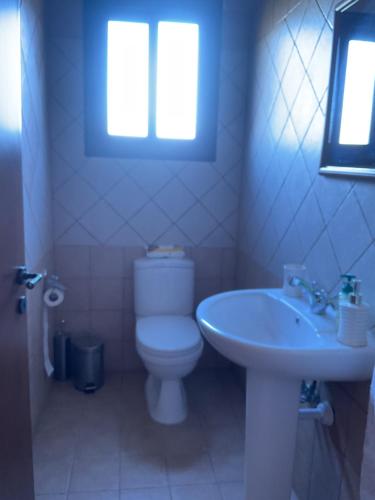 a bathroom with a toilet and a sink and a window at Beautiful 3 Bedr House in Arakapas with fireplace in Arakapas