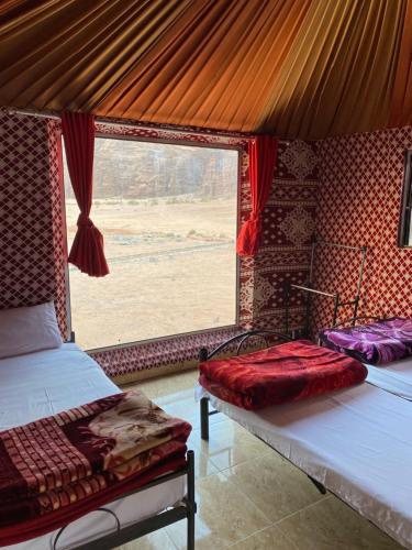 a bedroom with two beds and a large window at Rest luxury camp in Disah