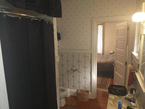 a bathroom with a shower and a toilet in a room at Blackjack's Bungalow in York