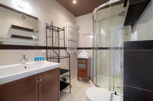 y baño con ducha, lavabo y aseo. en Warta River Sleep Well Apartment en Poznan
