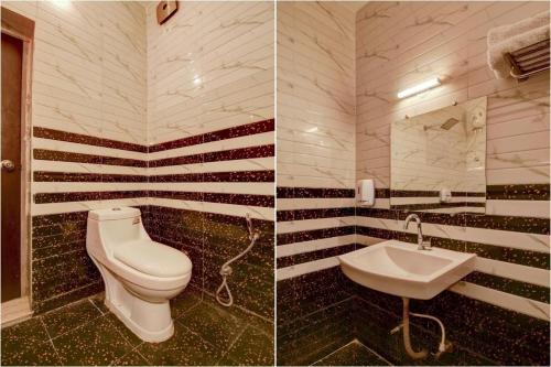two pictures of a bathroom with a toilet and a sink at Royal Casa - Asra Hotel in Chandrāvati