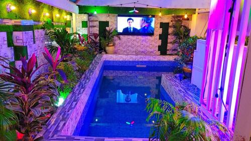 a swimming pool with a tv in a room with plants at Golden Aurora Lodge in Kumasi