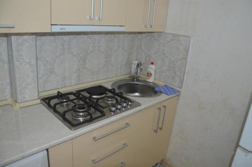 a small kitchen with a stove and a sink at Irakli's Apartment with Sea view in Batumi