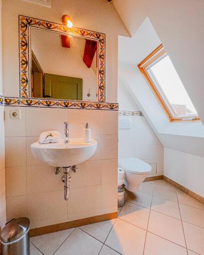 a bathroom with a sink and a mirror and a toilet at Rittergut Hirschbach in Glashütte