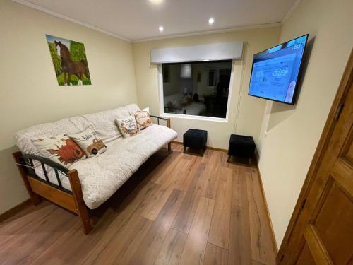 a living room with a couch and a flat screen tv at Cabañas Los Aromos de Puerto Varas in Puerto Varas