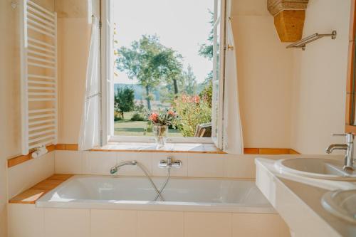 uma casa de banho com um lavatório e uma janela em Rittergut Hirschbach em Glashütte
