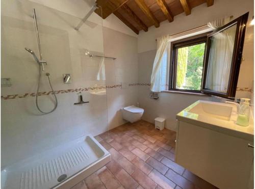 uma casa de banho com um chuveiro, um WC e um lavatório. em Il Fungaio em Sassofortino