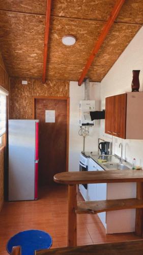 uma cozinha com um frigorífico e uma bancada em Ebenzer Comidas y Cabañas em Cochrane