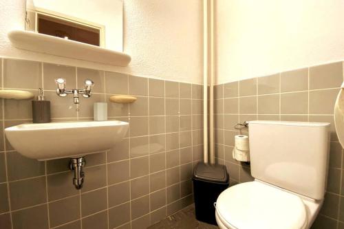 La salle de bains est pourvue de toilettes et d'un lavabo. dans l'établissement Cosy 4.5 rooms apartment @ LS 16 Dübendorf, à Dübendorf