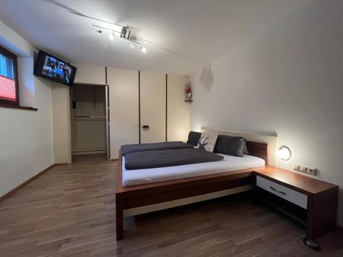 a bedroom with a bed and a tv on the wall at Appartement Josefine in Bramberg am Wildkogel