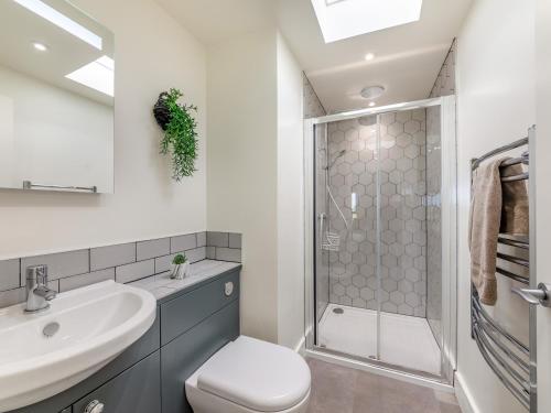 a bathroom with a toilet sink and a shower at Shearwater Lodge in Bamburgh