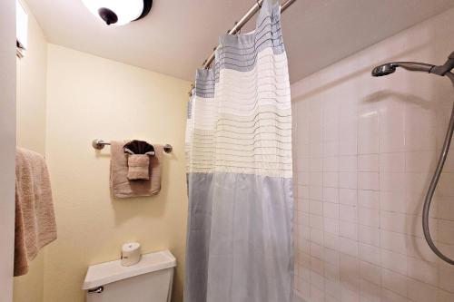 La salle de bains est pourvue d'un rideau de douche et de toilettes. dans l'établissement Beach Condo Unit #435, à Daytona Beach Shores