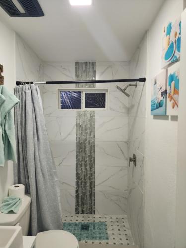 La salle de bains est pourvue d'une douche et de toilettes. dans l'établissement Diamond 2, à Tampa
