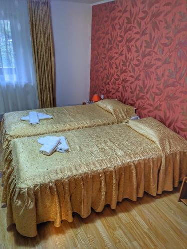 a bedroom with two beds and a red wall at Vila Drumetului in Comarnic