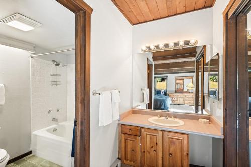 a bathroom with a sink and a tub and a mirror at Enclave 208, Snowmass Ski-In/Ski-Out Condo w/Shared Pool/Hot Tub/WiFi in Snowmass Village