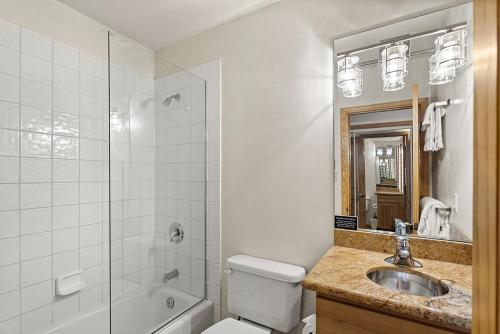 ein Bad mit einem Waschbecken, einem WC und einer Dusche in der Unterkunft Chateau Chaumont Unit 19, Spacious Top-Floor Condo with Great Location in Aspen