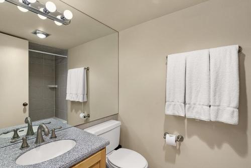 a bathroom with a toilet and a sink and a mirror at Chateau Roaring Fork Unit 37, Spacious Condo, Close to Downtown. Pool, Hot Tub, Fitness Center in Aspen