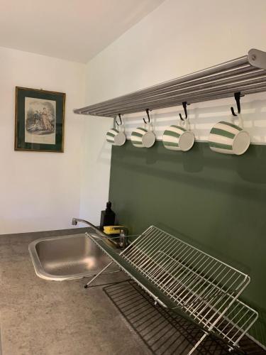 a kitchen with a sink and a rack with pots and pans at Sauro 43 in Pisa