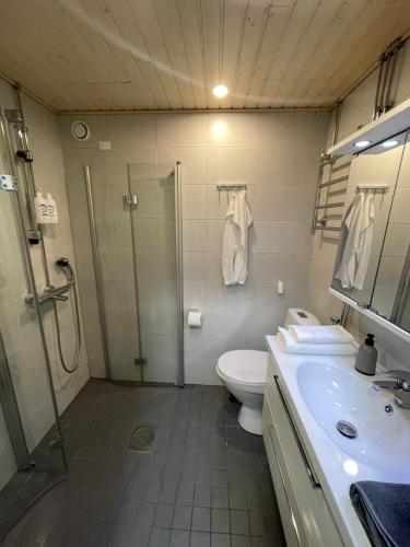 a bathroom with a shower and a toilet and a sink at Viihtyisä tilava kaksio in Valkeakoski