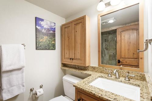 y baño con lavabo, aseo y espejo. en Chateau Roaring Fork Unit 38, Condo with Private Deck, 4 Blocks from Downtown, en Aspen
