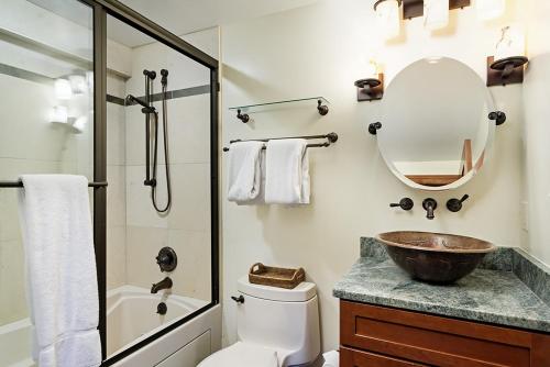 a bathroom with a toilet and a sink and a mirror at Fasching Haus Unit 5, Deluxe Condo with Great Natural Light & Amazing Location in Aspen
