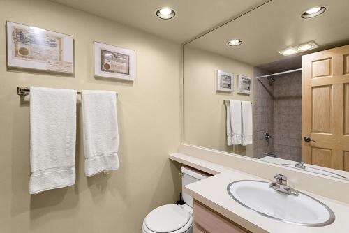 a bathroom with a sink and a toilet and a mirror at Chateau Eau Claire Unit 18, Spacious Condo Overlooking the River with a Private Deck in Aspen