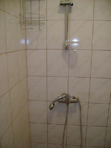 a shower with a shower head in a bathroom at Sóstó Apartman in Siófok