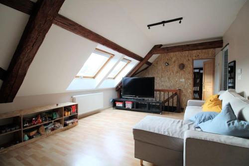 un salon avec un canapé et une télévision à écran plat dans l'établissement Lancre / Maison kids-friendly en Alsace, à Lutzelhouse