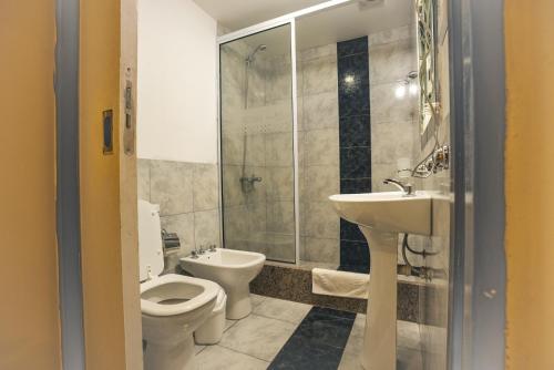 een badkamer met een toilet, een wastafel en een douche bij Complejo Moquehue in Villa Pehuenia