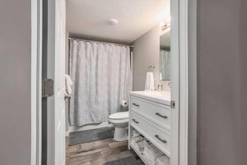 een witte badkamer met een toilet en een wastafel bij Urban Chateau Downtown Retreat in Grand Rapids