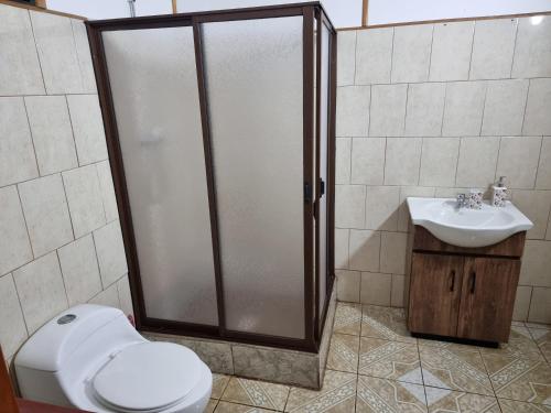 a bathroom with a shower and a toilet and a sink at Mika's House in Hanga Roa