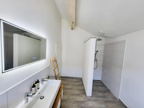 a bathroom with a sink and a mirror at SiOUX: Penthouse „BOHO“ mit traumhaftem Ausblick in Leutkirch im Allgäu