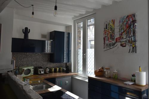 kuchnia z niebieskimi szafkami, umywalką i oknem w obiekcie Maison hypercentre Rouen tout confort w Rouen