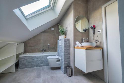 ein Badezimmer mit einem Waschbecken, einem WC und einer Badewanne in der Unterkunft Champagne Sunset in Gueux