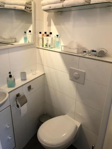 a white bathroom with a toilet and a sink at Romantisch Tiny Gardenhouse in beautiful garden in Zandvoort