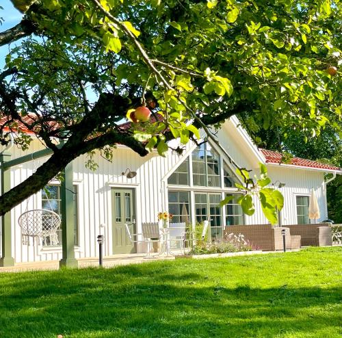 uma casa branca com uma árvore no quintal em Bastuviken Bed and Breakfast em Uppsala