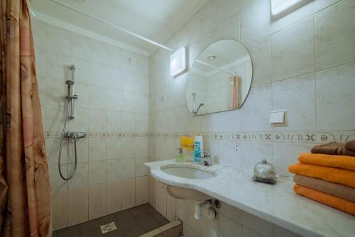 a bathroom with a sink and a mirror and a shower at Romeo Family Apartments in Tallinn