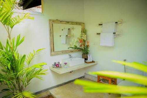 een badkamer met een wastafel en een spiegel aan de muur bij Villa 386 in Ahungalla