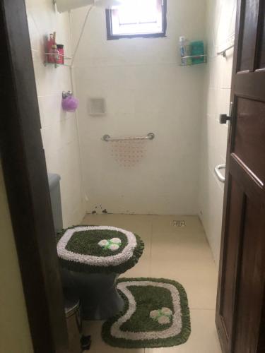 a bathroom with a toilet and a rug on the floor at Suíte Privativa Sanilda in Vitória
