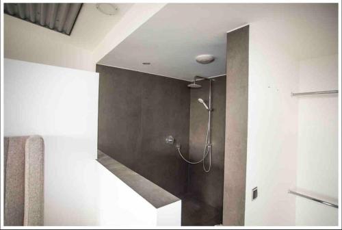 a shower stall in a bathroom with a wall at Ivory (car) loft / Carloft in Neuwied