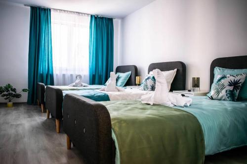 two beds in a room with blue curtains at Casa LUCAS in Bistriţa