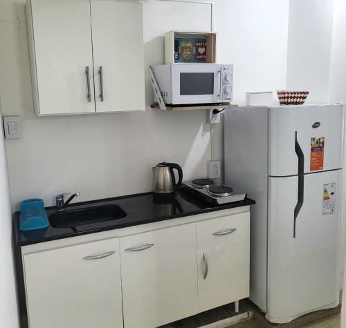 a small kitchen with a refrigerator and a microwave at SLC San Martín 2 in San Luis