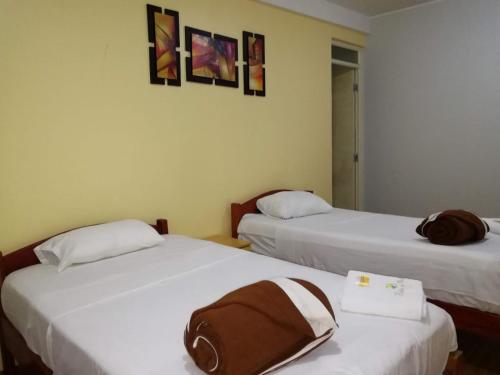 Dos camas en una habitación con dos bolsas. en Hotel Botón de Oro, en Puerto Maldonado